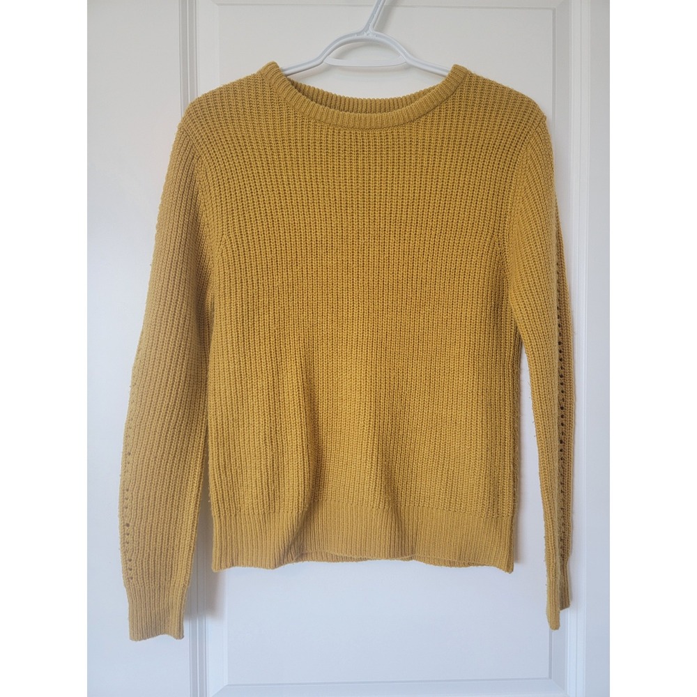 Mango Basics Mustard Yellow Ribbed Knit Pointelle Sleeve Crewneck Sweater XS